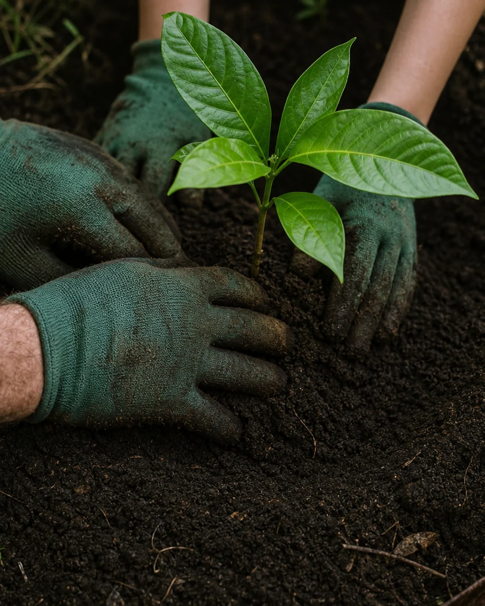 Operario realizando la siembra técnica de una planta