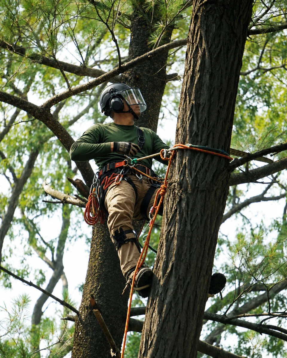 Arborista ejecutando trabajo técnico en altura