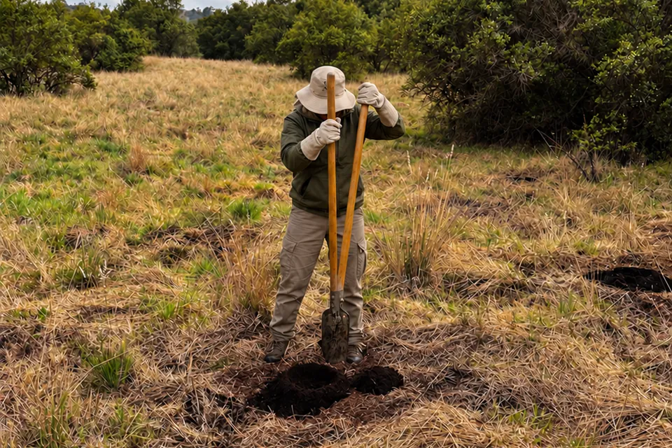 Persona preparando el terreno con una herramienta manual para la siembra
